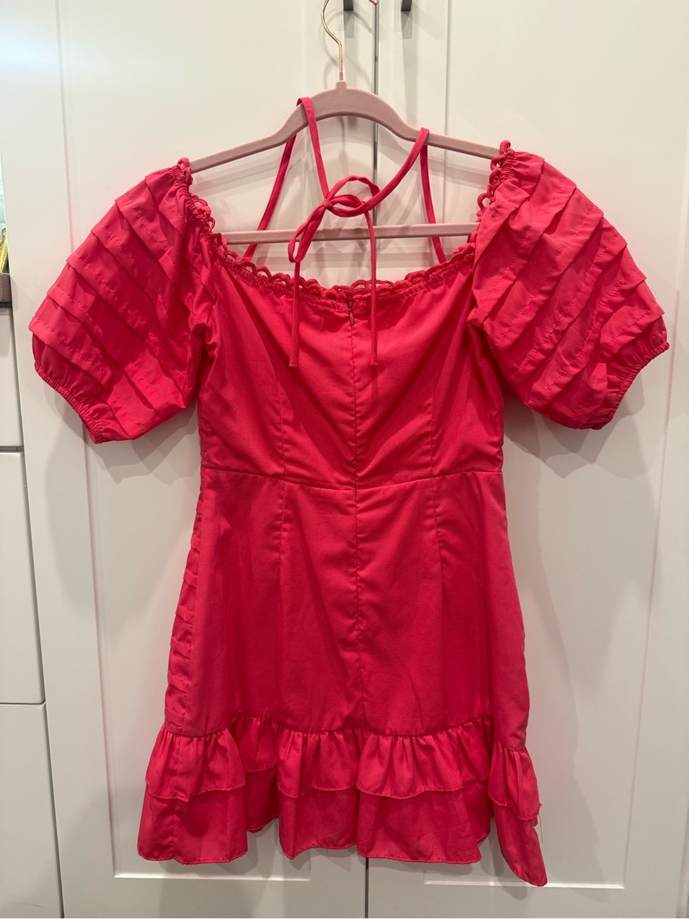 Flamingo Pink Puff Sleeve Dress - Picture 3 of 4